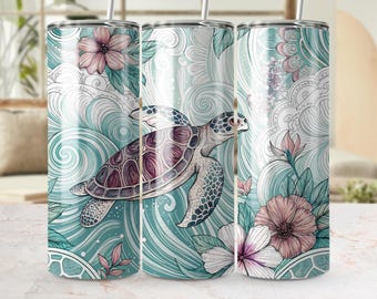 Floral Sea Turtle Tumbler Wrap, 20oz Straight Tumbler PNG (Digital Download)