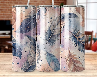 Feather Tumbler Wrap, Watercolor Design (PNG Digital Download)