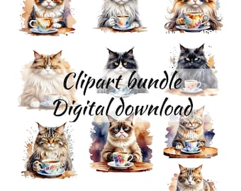 水彩画のコーヒーを飲む不機嫌な猫のクリップアート：昇華PNG（デジタルダウンロード）