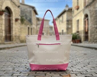 Zippered Canvas Tote Bag Mockups – Colored Strap, 18x14 PSD/Canva (Digital Download)