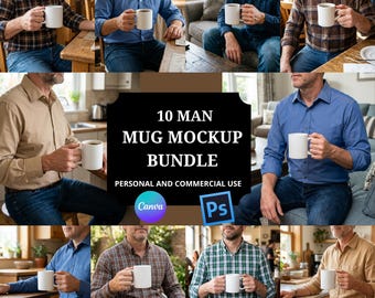 Men Holding 11oz Coffee Mug Mockups Bundle, 10 High Resolution PNG Images