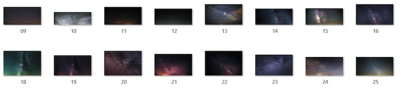 May include: A collection of 16 images showcasing the Milky Way galaxy at night. The images feature a variety of compositions, including close-ups of the Milky Way's core and wide-angle shots of the entire galaxy.