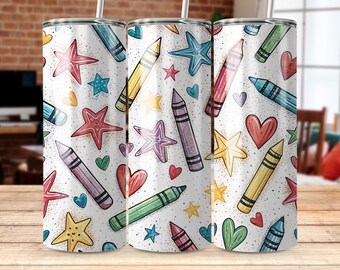 Crayon Tumbler Wrap PNG: Star Heart Seamless Design (Digital Download