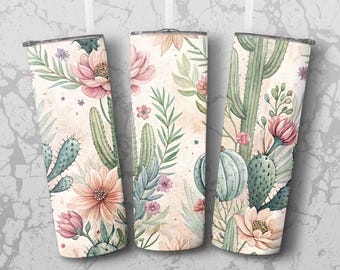 Boho Cactus Tumbler Wrap PNG: Western Floral Design (Digital Download