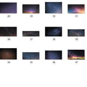 May include: A collection of 52 images showcasing the Milky Way galaxy in various night sky settings. The images feature different angles and perspectives of the Milky Way, with some showing the galaxy in its entirety and others focusing on specific parts of the galaxy. The images are all taken at night and feature a dark background with stars visible.