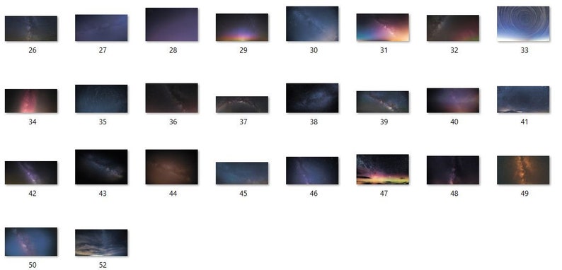May include: A collection of 52 images showcasing the Milky Way galaxy in various night sky settings. The images feature different angles and perspectives of the Milky Way, with some showing the galaxy in its entirety and others focusing on specific parts of the galaxy. The images are all taken at night and feature a dark background with stars visible.