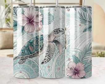 Sea Turtle Tumbler Wrap, Floral 20oz Skinny Tumbler Design (Digital Download)