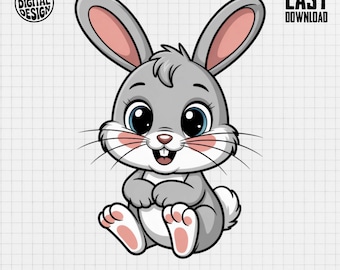 Baby Bunny Digital Clipart, Nursery Decor PNG, Cute Rabbit Image, Instant Download, Cartoon Animal, Digital Art, Printable