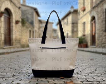 Black Canvas Tote Bag Mockup, Zipper Pocket, Canva PSD Editable (Digital Files, Instant Download)