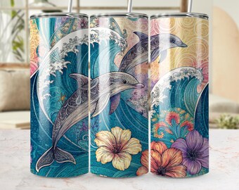 Dolphin Tumbler Wrap, Ocean Wave Floral Design (Digital Download)