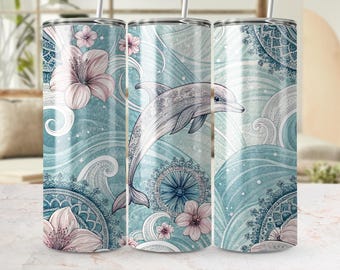 Dolphin Tumbler Wrap, Seamless Ocean Design (PNG)