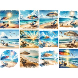 Watercolor Beach Clip Art Bundle for Instant Download - Perfect for Sublimation Design and Creative Projects, Beach Theme Digital Clip Art