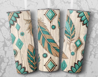 Boho Feather Tumbler Wrap PNG: Turquoise Western Design (Digital Download