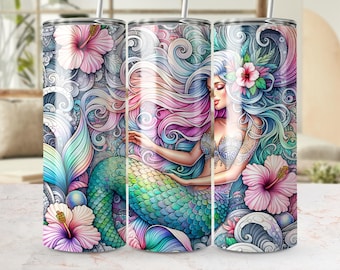 Mermaid Tumbler PNG, Floral Seamless Wrap, 20oz Sublimation (Digital Download)