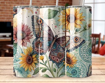 Butterfly Sunflower Tumbler Wrap, Seamless PNG Design (Digital Download)