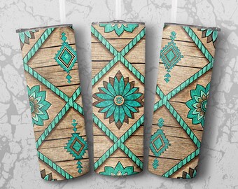 Boho Western Tumbler Wrap: Teal Floral Aztec Design (PNG Digital File)