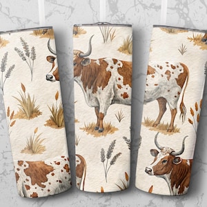 Boho Western Tumbler Wraps PNG, Longhorn Koe, Digitale bestanden, Rustieke Land Tumbler, Aquarel Stier, Naadloze Tumbler Ontwerpen