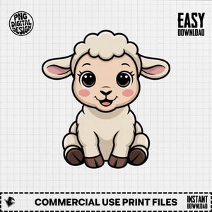 Può includere: Illustrazione di un cartone animato di un agnello seduto con un corpo color crema, zoccoli marroni e grandi occhi espressivi. L'agnello ha una testa e orecchie soffici, con un'espressione sorridente. L'immagine include il testo "PNG DIGITAL DESIGN", "EASY DOWNLOAD", "COMMERCIAL USE PRINT FILES" e "INSTANT DOWNLOAD".