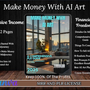 Puede incluir: Una portada de producto digital con un fondo de ciudad. La portada se titula "Make Money With AI Art" y presenta el texto "A Comprehensive PLR Guide" con el año 2025. La portada también incluye el texto "Keep 100% Of The Profits" y "MRR and PLR License".