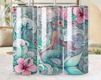 Mermaid Tumbler Wrap PNG, Floral Ocean Waves Design (Digital Download)