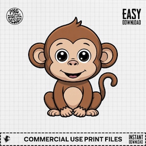 Cute Monkey Clipart, Cartoon Animal Graphics, Digital Download for Crafts, Sublimation Designs, Printable Art, Commercial Use Image