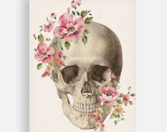 May include: A watercolour illustration of a human skull on a light beige background. The skull is adorned with clusters of pink and yellow flowers with green leaves, positioned around the top left and bottom right sides of the cranium.