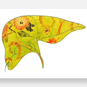 Puede incluir: Una impresión de una forma abstracta estilizada que se asemeja a la cabeza de un perro, llena de un patrón floral en tonos de amarillo, naranja y verde. La obra de arte está sobre un fondo blanco.