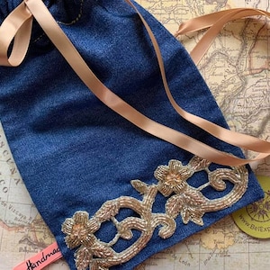 Beaded Denim Drawstring Travel RX&#39;s Pouch