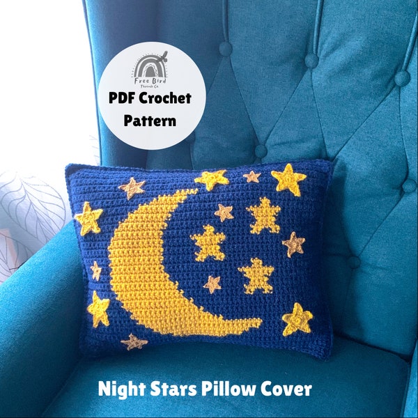 Night Stars Pillow Cover,PDF Crochet Pattern, Moon and Stars Pillow Cover, Moon Cushion Cover, Star Pillow Pattern,Crochet pillow Pattern