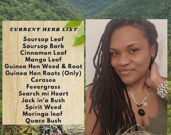 May include: An advertisement for Indigenous Jamaican Maroon herbs, bush, and apothecary products. The image features a list of herbs, including Soursop Leaf, Cinnamon Leaf, and Moringa leaf. The text also reads "Mountain Grown | Wild Crafted | Sun Dried". A person is holding a basket of herbs.