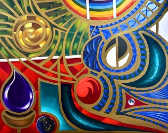 Modern large abstract oil painting, original artwork, large geometric design wall decor, framed and ready to hang