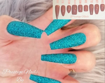 Teal glitter press on nails | statement nails | raw glitter | green glitter press on nails