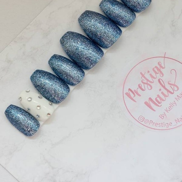 Stick on nails, Frozen, icy blue,  glitter nails, rhinestones, accent