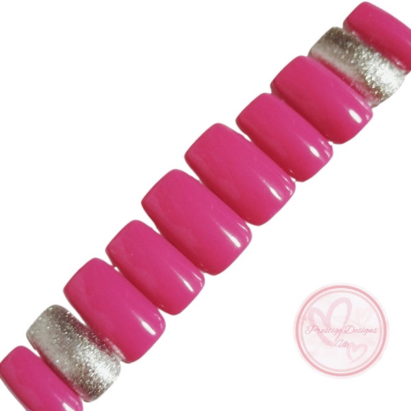 extra wide press on nails, mens false nails, wide fake nails, big and bold nails, hot pink and silver glitter nails, wide fitting