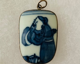 Blue and White Ming Dynasty Porcelain China Shard Pendant