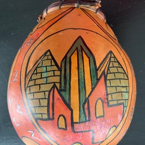 Vintage Folk Art Hand Baumgartner Painted Pine Needle Gourd Basket Signed
