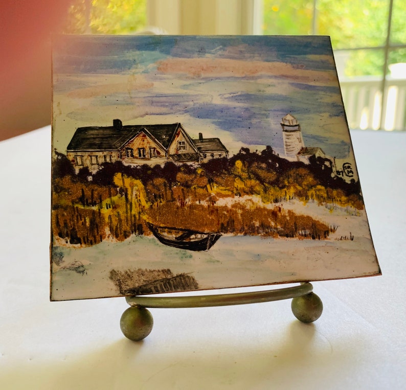 Painting of New England Shoreline Lighthouse Original Enamel Miniature