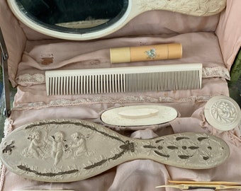 Antique Victorian Vanity Set With Celluloid Grooming Tools