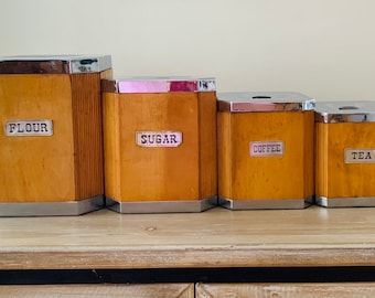 Vintage Set of Four Teak Wood and Chrome Lid Canisters