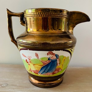 Antique Copper Luster Pitcher With Mother Daughter Badminton Scene