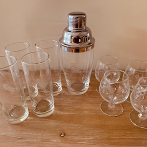 Vintage Nine-Piece Etched Crystal Cocktail Shaker and Glasses
