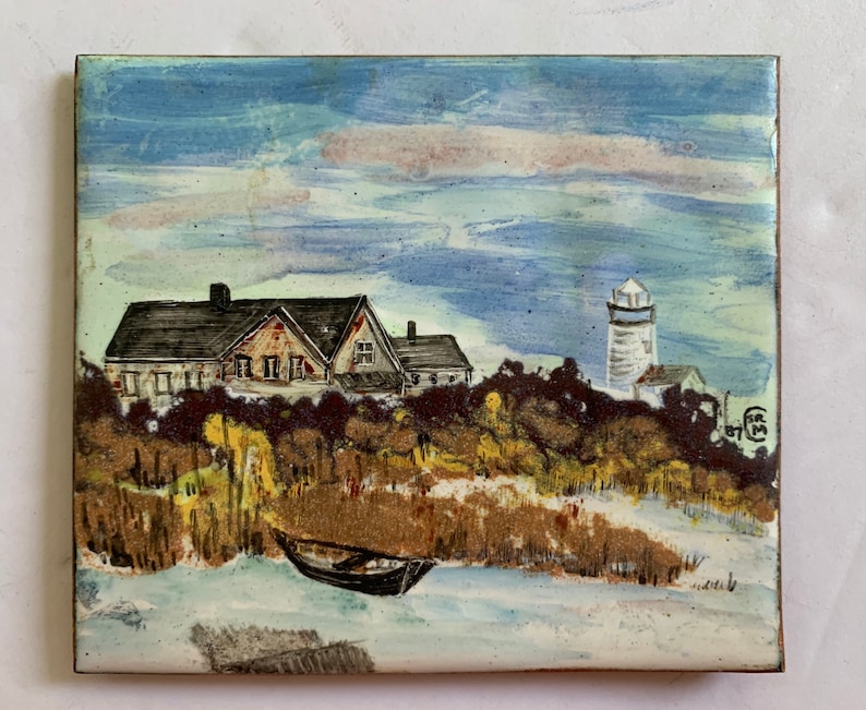 Painting of New England Shoreline Lighthouse Original Enamel Miniature