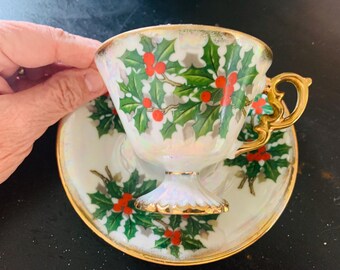 Vintage December Holly Lusterware Cup and Saucer