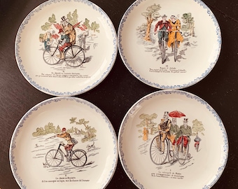 Set of Four Antique Bicycle Humor “Talking” Plates