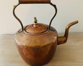Antique Georgian Era Hammered Copper and Brass Teapot With Lid