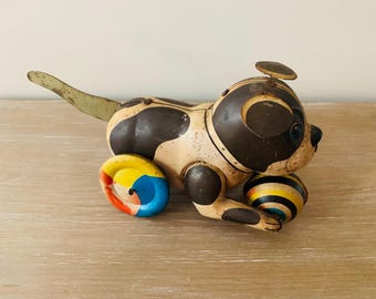 Vintage Dog and Ball Metal Push Toy