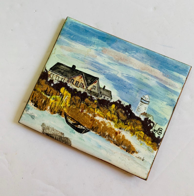 Painting of New England Shoreline Lighthouse Original Enamel Miniature
