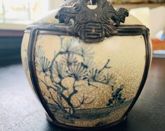 Qing Dynasty Chinese Porcelain Metal Banded Opium Pipe Jar Pot