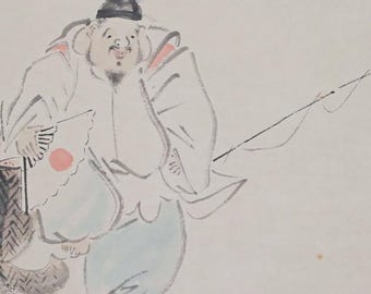 Pintura en pergamino - Pergamino colgante de acuarela vintage japonesa: Ebisu, Daikoku, Siete Dioses/ KAKEJIKU