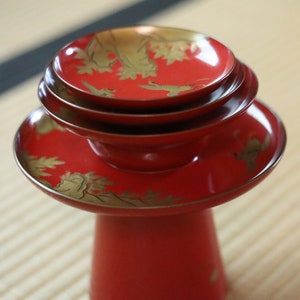 Japanese Antique Sakazuki Urushi Sake Set of 3 Red Gold Lacquer